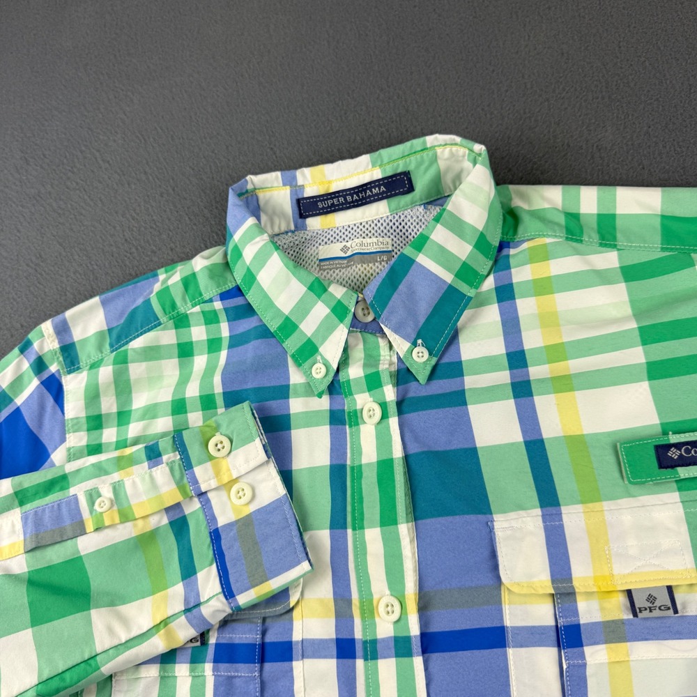 Columbia Super Bahama Shirt Women's L Green Plaid PFG Fishing Hybrid Vented